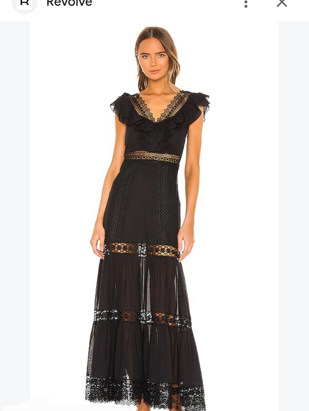 REVOLVE Charo Ruiz Ibiza Black Lace Ruffle V‑Neck Tiered Maxi Dress